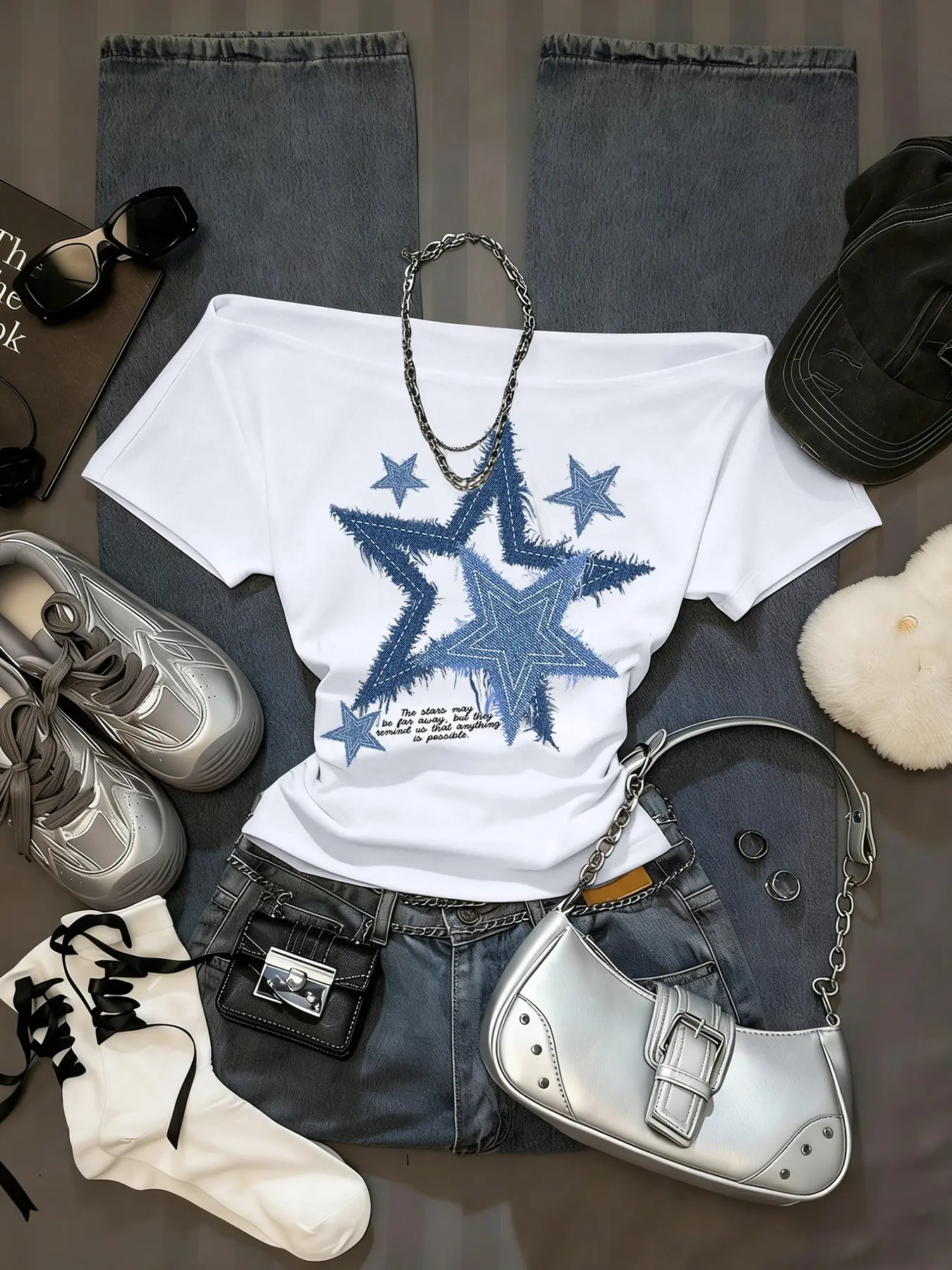 Women's Off-Shoulder Star Print T-Shirt, Y2K Street Style, Casual Summer, Suitable for Teens and Young Adults, Womenswear