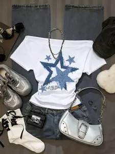 Women's Off-Shoulder Star Print T-Shirt, Y2K Street Style, Casual Summer, Suitable for Teens and Young Adults