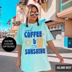 Iced Coffee and Sunshine Comfort Colors T-Shirt, Retro Summer Vibes Tee, Coffee Lover Gift