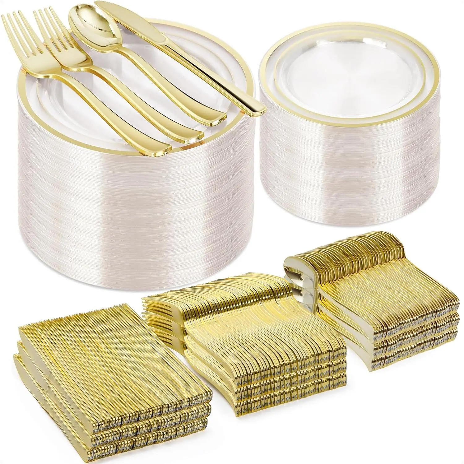 600 count Clear  Plastic Plate Set (100 Guests), Plastic Plates for Party Wedding Birthday, Disposable Dinnerware Set of 200 Plates, 200 Forks, 100 Spoons, 100