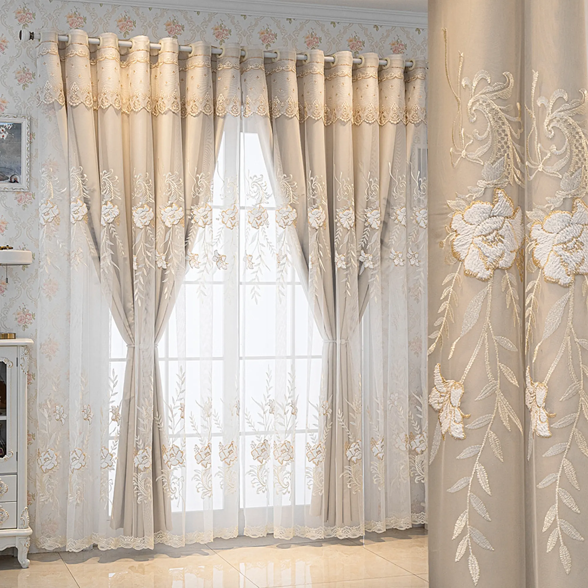 European Style Modern Embroidered Sheer Blackout Curtains for Living Room & Bedroom, Floor-Length Drapes Available in, &