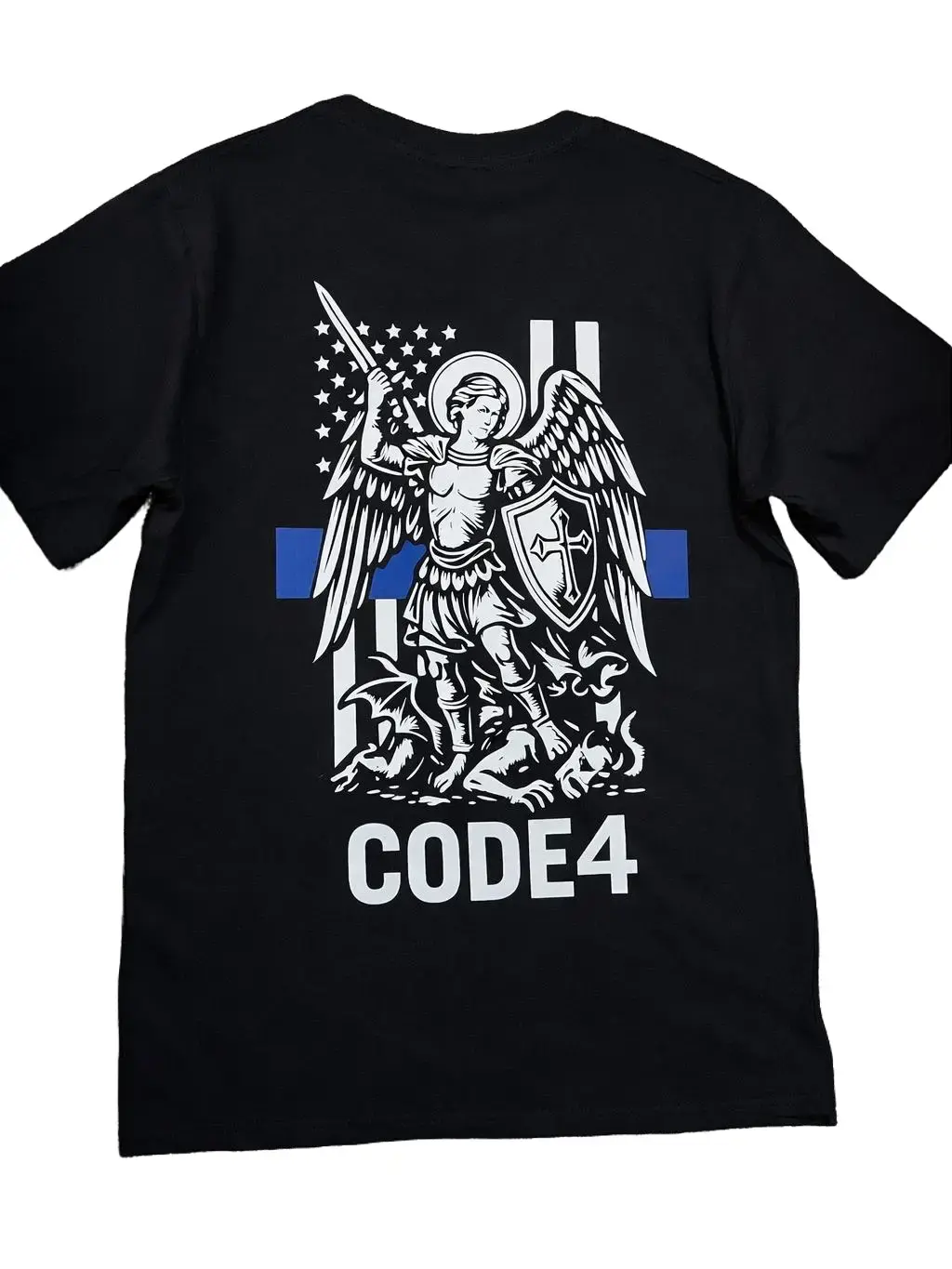 SGTO SARABIA St. Michael Archangel Code 4 Thin Blue Line T-Shirt – Police Support Graphic Tee + FREE Flag, Skull, Archangel Decals & 2 Red Cards