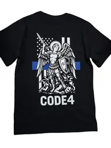 SGTO SARABIA St. Michael Archangel Code 4 Thin Blue Line T-Shirt – Police Support Graphic Tee + FREE Flag, Skull, Archangel Decals & 2 Red Cards