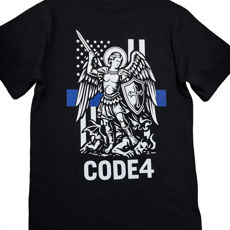 SGTO SARABIA St. Michael Archangel Code 4 Thin Blue Line T-Shirt – Police Support Graphic Tee + FREE Flag, Skull & Red Card. Round Neck Casual