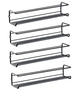 Wall Mounted Carbon Steel Spice Rack Organizer 4 Pack, Equipped with Removable Hooks, Screw & Adhesive Dual Mount, Space Saving Seasoning Storage Shelf for Kitchen Cabinet, Pantry Door, RV