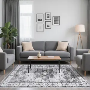 GARVEE 4x6 Machine Washable Area Rug in Dark Gray with Boho Faux Wool, Low Pile, Floral Medallion Vintage Design, Non-Slip Rubber Backing, Suitable for Living Room and Bedroom, Pet Friendly