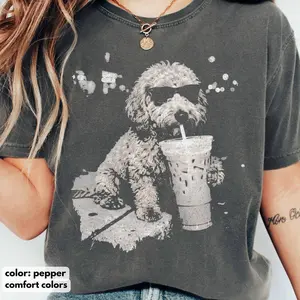 Comfort Colors Goldendoodle Shirt, Funny Dog Drinking Iced Coffee T-shirt, Vintage Dog Shirt, Dog Dad Unisex Tee, Golden Doodle Lover Gift