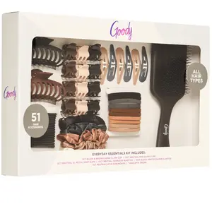 Goody Hair Accessories Kit, Everyday Essentials for Women - 51 PC Neutral Color Set for All Types - Ouchless Damage-Free Ties, SlideProof Claw Clips, Snap Clips, Scrunchies, Tanglefix Brush