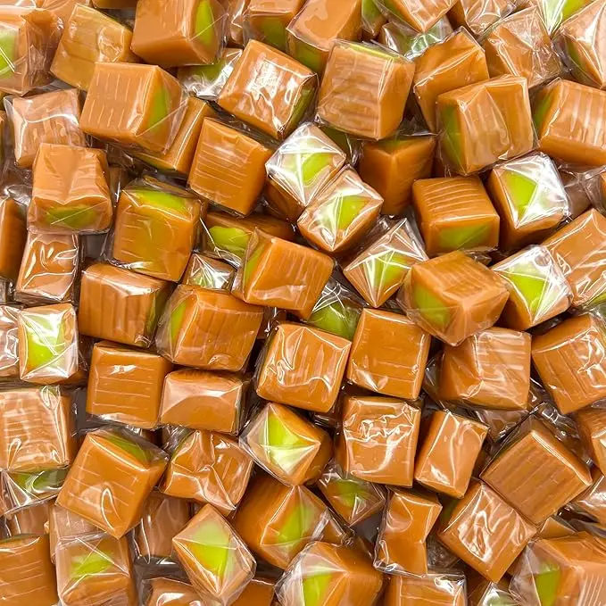 Caramel Cubes Candy with Green Apple Filling Individually Wrapped Soft Chewy Caramels Bulk 1 lb Bag Approx. 75 Pieces Sweet & Tart Caramel Candy for Halloween Parties Candy Bowls & Gifts