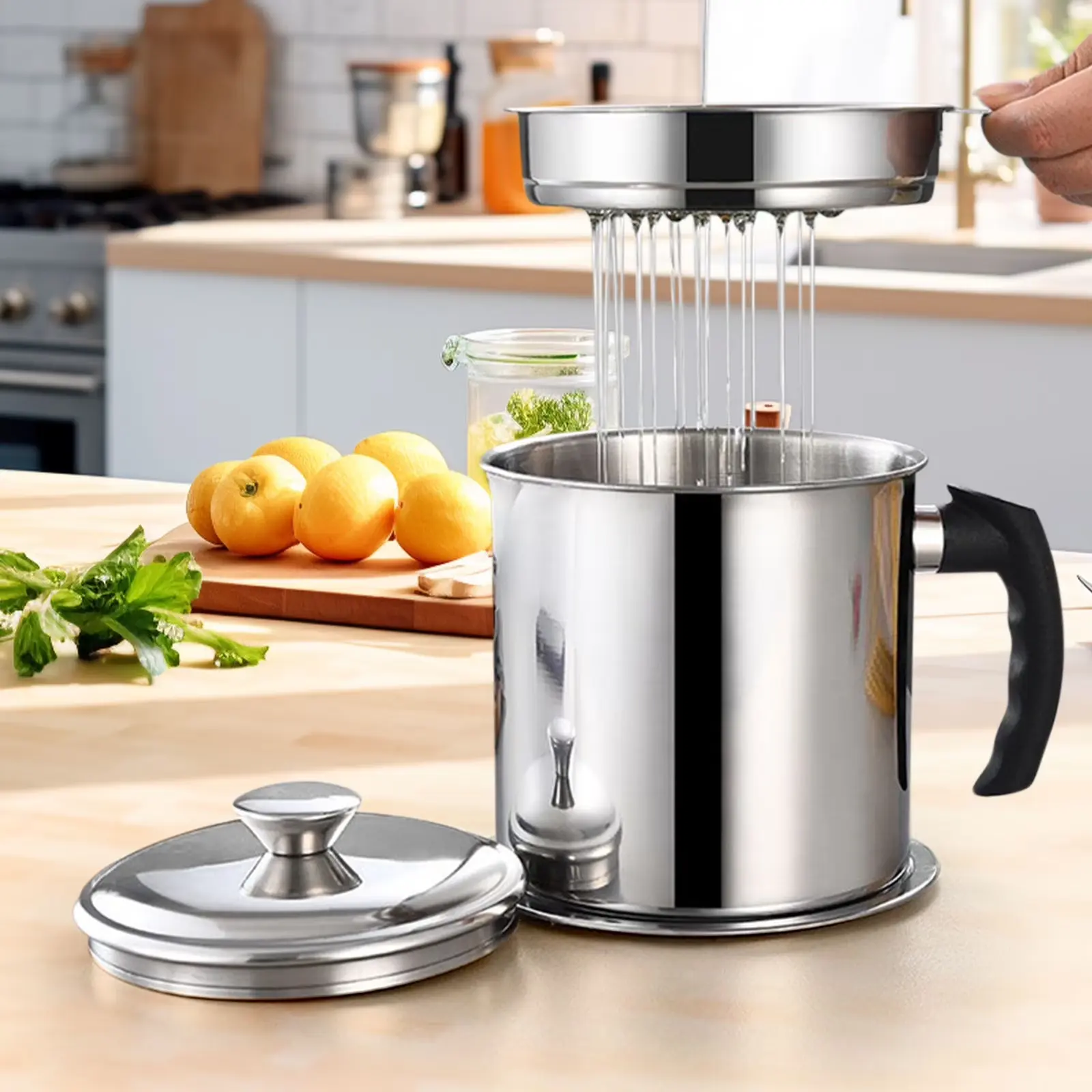 1.8L Stainless Steel Oil Dispenser with Filter, Large-Capacity Oil Storage Container for Kitchen, Frying Oil Reuse Canister Nesolty