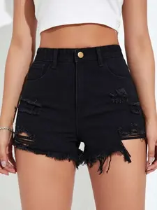 Women's Denim Shorts with High Waist and Raw Trim, Ripped Streetwear Bottom - Regular and Plus Sizes - Lady Minimalist Underwear Womenswear Trouser Basic Comfort Jean Pants Fitted