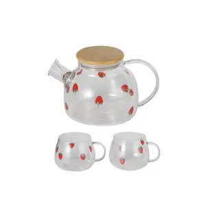 Glass Strawberry Carafe Pitcher Set with 2 Cups and Strainer, Kettle with Handle Water Jug for Drinks, Juice, Ice Tea, Beverages