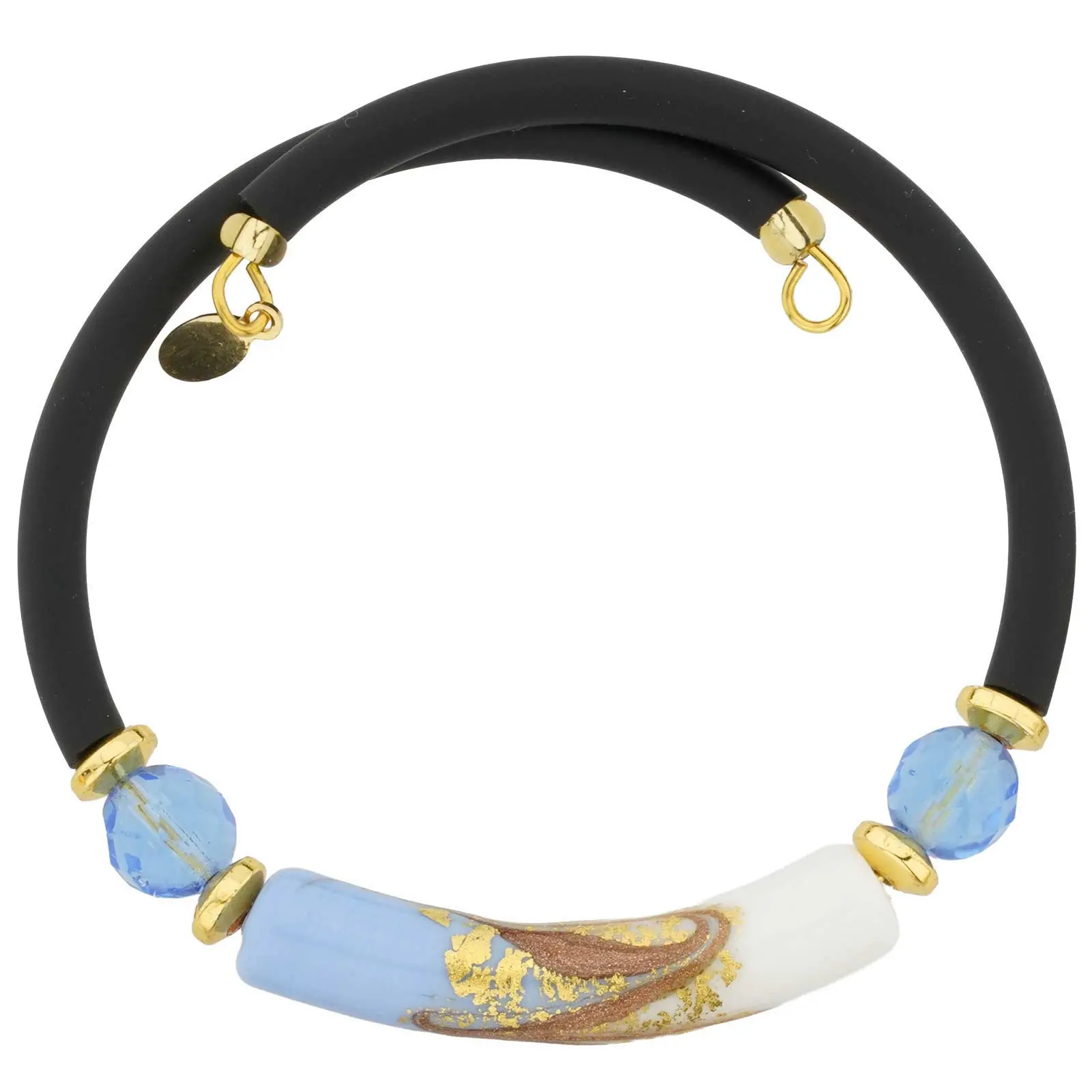 GlassOfVenice Murano Glass Wave Bracelet with 24kt Gold Leaf-Lined Aqua Blue Bead, Adjustable Black Band for Women, Handmade in Italy, Birthday Anniversary Gift, Unique Gifts, Beautiful Presentation, Mother's Day, Wave Shape, Adults, Black Rubber, Adjusta