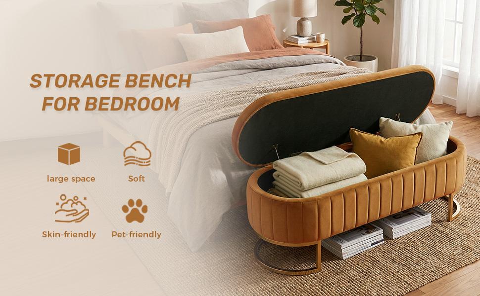 Homeokay 65“ Mid Century Ottoman Storage Bench, Velvet King Size Upholstered Tufted Bed End Bench with Storage for Bedroom Living Room Entryway