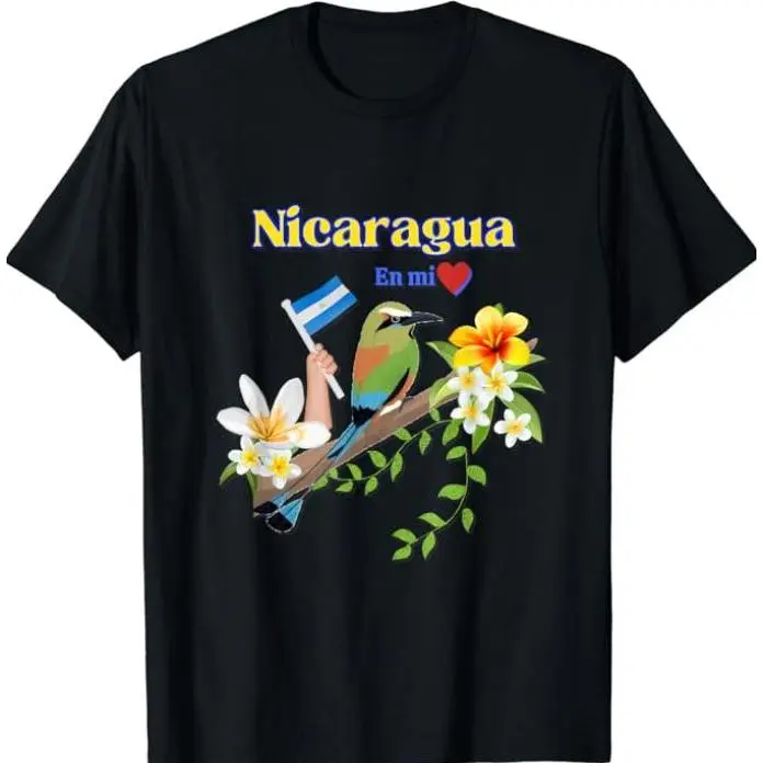 Women's Casual Graphic Tee, Shortsleeve Nicaragua En Mi Corazon Print with Motmot Bird & Flowers, 100% Cotton Latino Heritage Gift