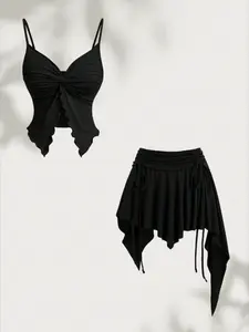 Summer Plain Adjustable Strap V-Neck Ruched Knot Wooden Trim Split Hem Slim Fit Tank Top Irregular Hem Trendy Half Skirt Two-Piece Set