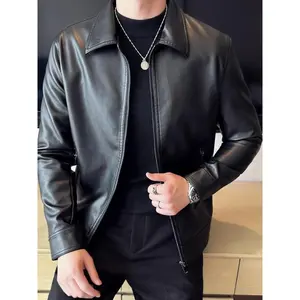 Men's Regular Fit Solid Pocket Zipper Pu Leather Jacket Coats, Casual Long Sleeve Collar Outerwear for All Seasons, Fashion Men's Clothing for Daily Wear