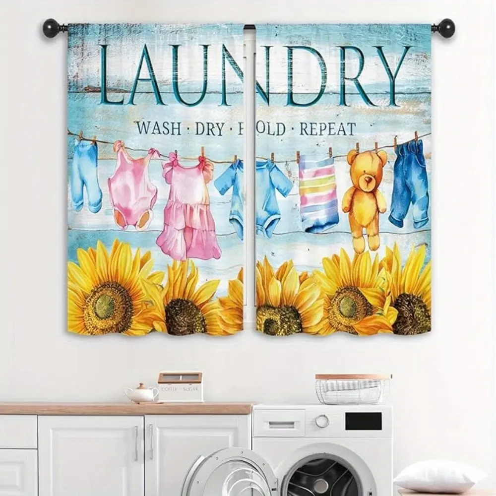 Sunflower Laundry  Curtains Farmhouse Rustic Blue Wood Wooden Country Wash Dry Fold Repeat Rod Pocket Short Small Window Treatment Drapes Decor 2 Panels casual home high ceiling living  decor set inganchos custom drapery doble layer room darkening, Beauti