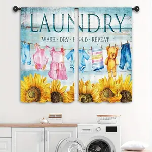 Sunflower Laundry  Curtains Farmhouse Rustic Blue Wood Wooden Country Wash Dry Fold Repeat Rod Pocket Short Small Window Treatment Drapes Decor 2 Panels casual home high ceiling living  decor set inganchos custom drapery doble layer room darkening