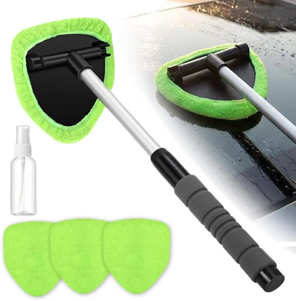 【DealsForYouDays】Car Windshield Clean Tool – Car Interior Window Cleaning Kit with Extendable Handle & 3 Microfiber Pads, Auto Wiper Inside Windshield Brush for Car & Home Windows - Car Wash Accessories! #summerfinds