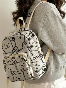 1 piece of lady's two-shoulder bag with 2D printed little bear pattern, chenille texture + layered storage + light weight reduction | Perfect for students to go to class/shopping/short trips | Combines atmosphere with practicality