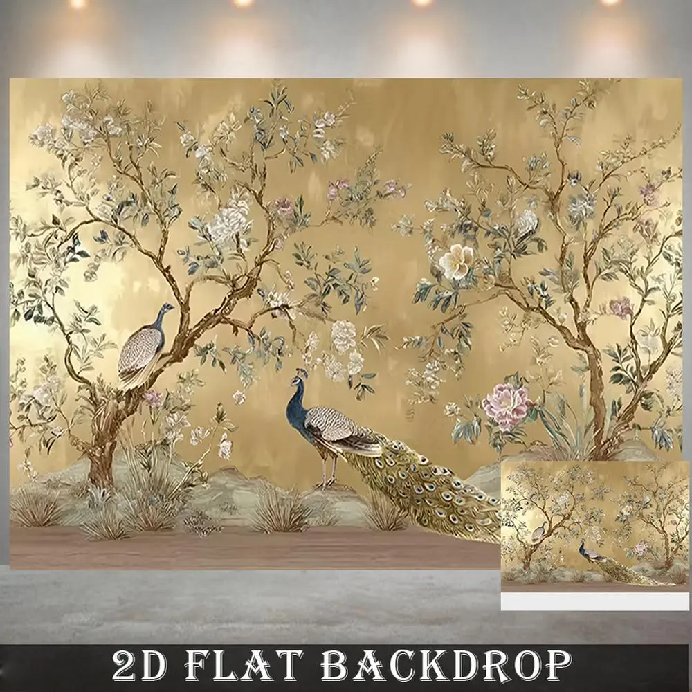 Vintage 2D Flat Peacock Flower Polyester Backdrop Cloth - Luxurious Golden Chinese-Style Reusable Party Decorations Banners, Size, for Wedding, Birthday (1PC)