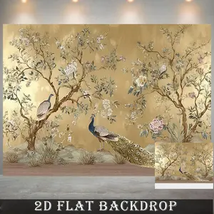 1PC,2D Flat Vintage Peacock Floral 2D Flat Backdrop, Luxurious Golden Chinese - style Background Cloth for Wedding, Party, Photography Studio Decoration, Customizable Size