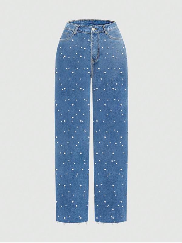Women's Trendy Denim Pearl Studs Design Washed Soft Comfortable Straight Leg Wide Leg Pants, Elegant Fashion Long Trousers