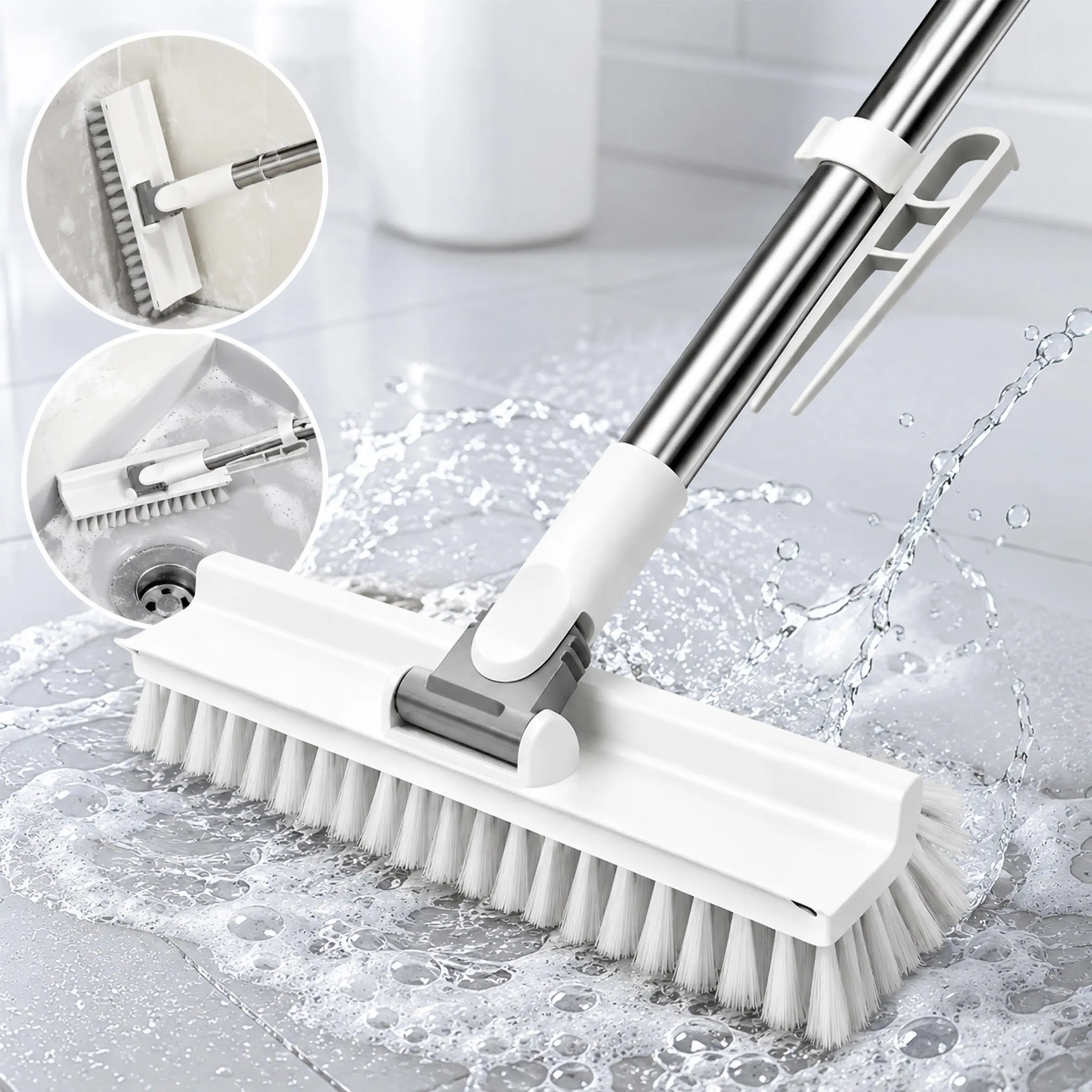 3-in-1 Multipurpose Floor Bathtub Cleaning Brush Features a Scraper and Strong, Stiff Bristles. LongHandle Design. Ldeal For Cleaning Showers, Bathrooms，Patios, Garages, Kitchen Walls, and Decks; an essential household cleaning tool for every home.