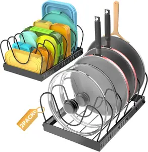 2PACK Pot Lid Organizers Inside Cabinet for Kitchen, Pots and Pans Organizer Under Cabinet with 16 Adjustable Dividers, Countertop Lid Holder, Rust-Resistant, Tool-Free Installation, Easy to Clean