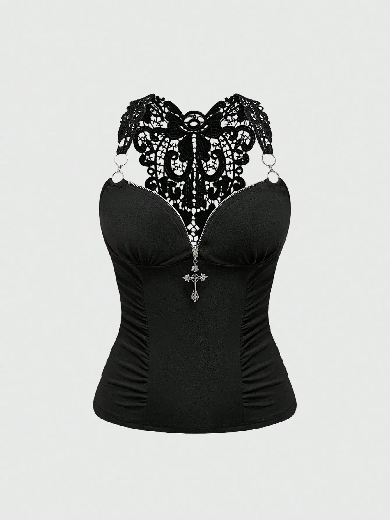 LALUZ Goth Spring Summer Valentine's Day Black Y2K Vintage Elegant Cross Collar Lace Patchwork Backless Camisole Going Out Top