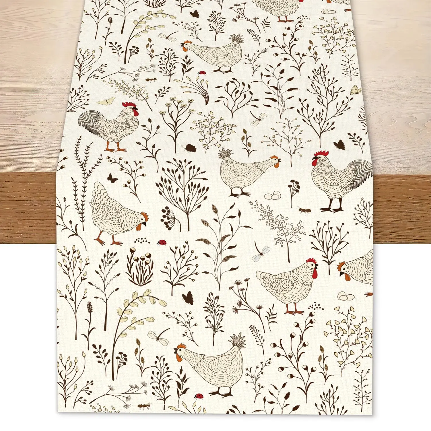 Chicken & Tree Leaf Pattern Table Runner, 1 Count  Farm Style Table Flag, Aesthetic Decorative Tablecloth for Home Party Dinner Table, Kitchen Decor, Farmhouse Decor