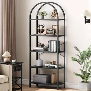 Black Bookshelf 5 Tier Bookcase Arched Display Racks Tall Standing Bookshelves Metal Frame Modern Storage Rack Shelf Large Wood Book Shelf for Bedroom,Living Room,Home Office