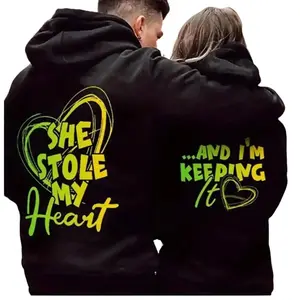 Couple Outfits - SHE STOLE MY HEART Graphic Couple Hoodies Casual Fleece Fabric Pullover Hooded for Women for Men, Perfect Gift Classic Menswear