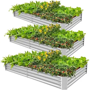 3 Pack 8×4×1ft Galvanized Metal Raised Garden Bed, Metal Planter Kit Box Outdoor for Deep-Rooted Vegetables, Flowers, Green and Herbs, Silver