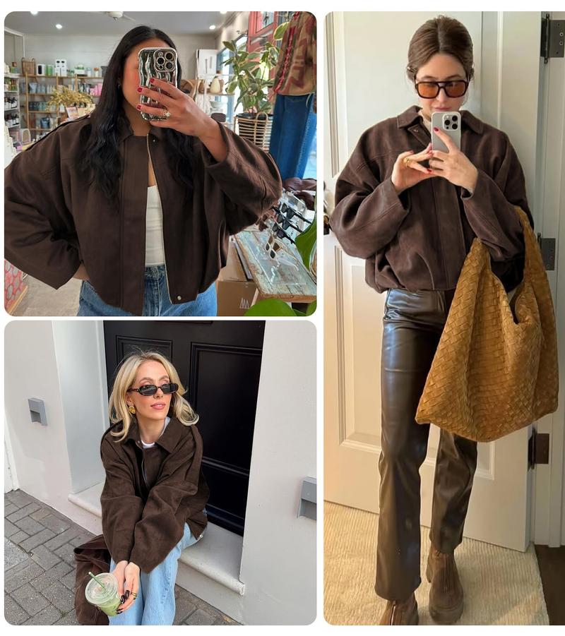 Women's Casual Army Green Jacket with Lapel Design Batwing Sleeves Button Front Lightweight Fashionable for Spring Autumn Winter All Match Tops Coats Womenswear Outerwear Fitted Basic Collared Minimalist length sleeve Dark Brown