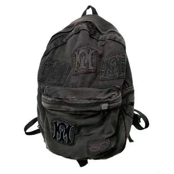 Vintage Washed Distressed Embroidered Patchwork Backpack for Men Women Retro Streetwear Casual Daypack Bookbag
