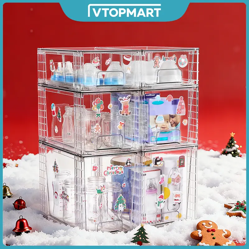 【New Year Hauls】VTOPMART 6 Pack Stackable Clear Drawer Organizer for Organizering Nursing Bottles,Candy,Snacks,Makeup,Cosmetics,Tampons,Medicines,Pantry,Under Sink,Closet,Bathroom, with Free Stickers