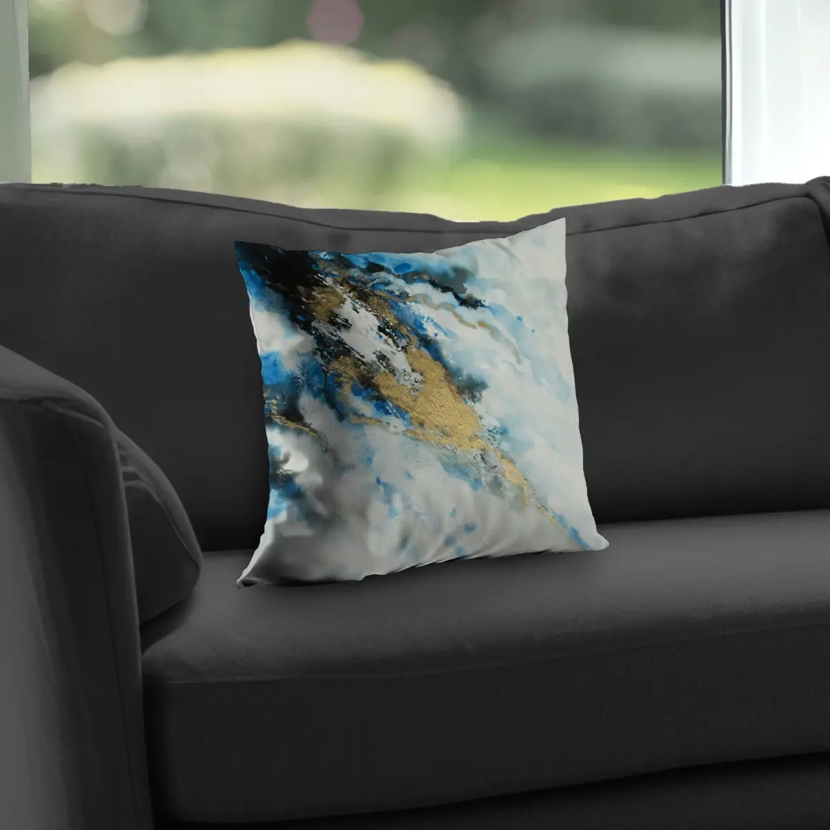 360 Stand 14x14 in. Standard Size Blue & Gold Marble Swirls Abstract Elegant Throw Pillow Cushion, Poly Twill Weave, Vibrant Print, Luxurious Feel, Polyester Insert Included, Home Decor, Polyester Fabric, Home Decorative Cushion, Sofa Cushion Decorations