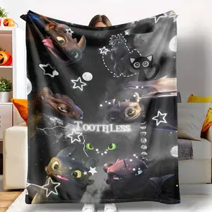 Toothless Night Fury Flannel Blanket Starry Sky Moonlight Print Soft Cozy Warm Lightweight for Bedroom Sofa Travel Camping Gift