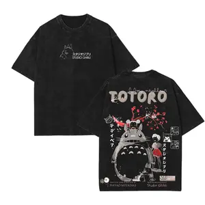 Women's Studio Ghibli My Neighbor Totoro Vintage Washed Graphic Short-Sleeve Streetwear Top, Unisex Oversized Heavyweight Cotton Anime T-Shirt, Perfect Gift for Manga Lovers