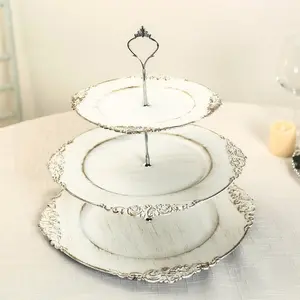 3-Tier Plastic Round Cupcake Stand 13" Whitewashed with Antique Gold Baroque Rim & Top Handle - Reusable Dessert Display Holder Serving Tray Platter for Rustic Chic Events