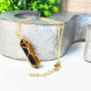 Natural Tiger Eye Crystal Point Necklace – Raw Gemstone Pendant – Wire Wrapped Protection Necklace – 14k Gold Plated Premium