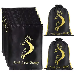 Silk Satin Pouches with Drawstring - Soft Hair Packaging Bags for , Wigs, Tools & Salon Use (6 PCS Black)