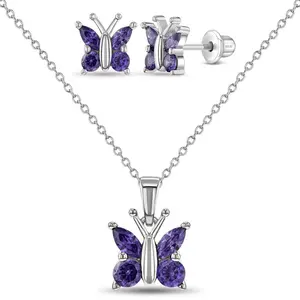925 Sterling Silver Shiny Purple Cubic Zirconia Butterfly Jewelry Set for Young Girls
