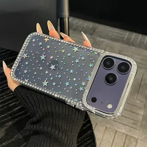 iPhone 17 Pro Max Clear Bling Star Phone Case for iPhone 12-17 Luxury Electroplated Glitter 3D Rhinestone Soft TPU Bumper & Hard PC Back, Cute Sparkly Girly Protective Cover for Women & Girls Cellphone Smartphone Protection Shockproof