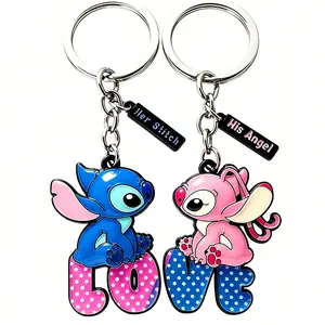 DISNEY Stitch & Angel Love 2-Piece Patchwork Heart Keychain Set, Blue & Pink Character Design Keyrings, Cute Purse Accessories, Gift for Girlfriend's Birthday, Gifts For Girlfriend