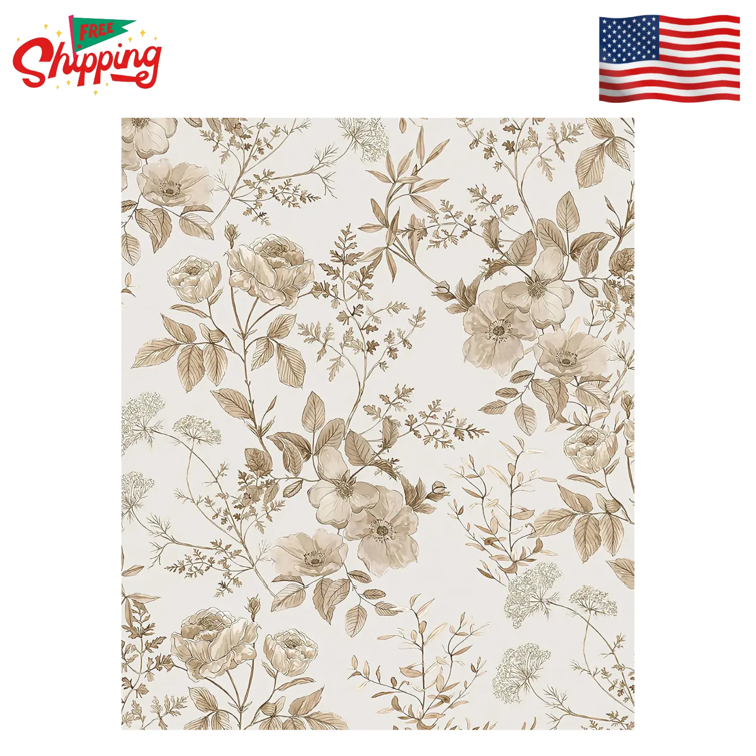 Boho Floral Peel and Stick Wallpaper Beige Flower Leaf Contact Paper | 16.9" x118"