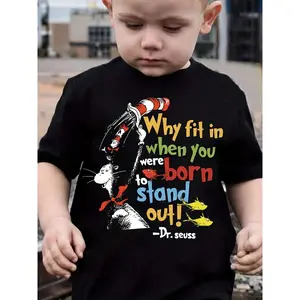 Dr. Seuss Inspired Kids' T-Shirt - "Why Fit In When You Were Born to Stand Out" Quote, Casual Black Cotton Top with Colorful Letter Print, Round Neck, Short Sleeve, Summer Fashion for Children