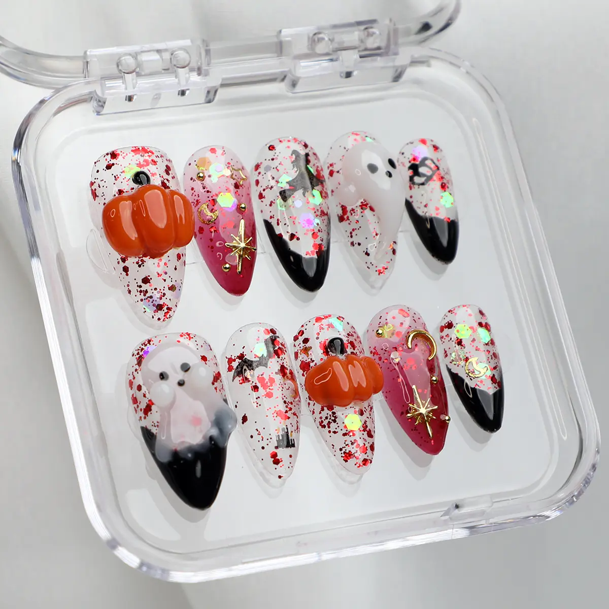 MuseMoodNails PG10 Halloween Press-On Nails Handmade Set, 10PC Vegan Hand-Painted Acrylic Solids with 3D Gel Pumpkin Ghostface Nail Decoration, 4-Week Wear Reusable Eco-Friendly Beauty Supplies for Adults Any Occasion